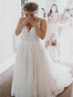 A Line V Neck Ivory Lace Appliques Beading Tulle Wedding Dresses