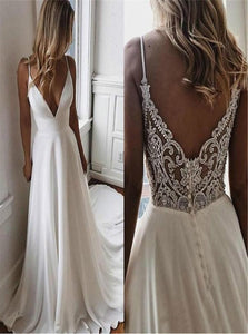 A Line V Neck Chiffon Applique Open Back Wedding Dresses