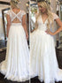 V Neck A Line Short Sleeves Lace Open Back Wedding Dresses LBQW0095