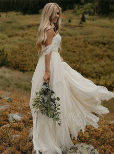 Off the Shoulder Floor Length Chiffon Ruffles Wedding Dresses