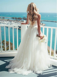 Lace Appliques Sleeveless White Wedding Dresses