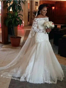 Mermaid Off the Shoulder Ivory Long Sleeves Lace Wedding Dresses