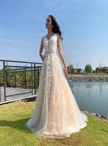 A Line V Neck Open Back Tulle Appliques Wedding Dresses