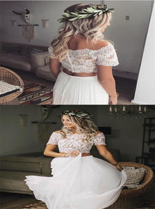 Two Piece A Line Lace Top Tulle Short Sleeves Wedding Dress LBQW0171