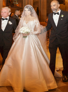 A Line V Neck Long Sleeve Appliques Satin Wedding Dresses 