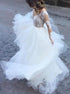 A Line V Neck White Criss Cross Long Sleeve Wedding Dress LBQW0141