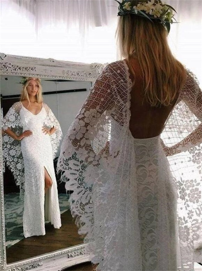 Sheath Backless Batwing Sleeve Lace Wedding Dresses with Slit | Alinepromdress Sheath Backless Batwing Sleeve Lace Wedding Dresses with Slit | Alinepromdress