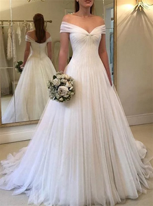 A Line Off Shoulder Tulle Pleats Wedding Dresses