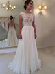 A Line Jewel Open Back Appliques Chiffon Wedding Dresses
