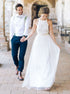 A Line Jewel Sleeveless Floor Length Chiffon Lace Top Wedding Dress with Bow LBQW0091