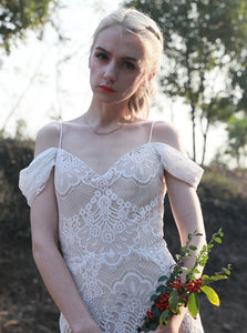 Sheath Lace Backless Spaghetti Straps Wedding Dress With Sleeves