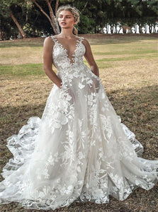 V Neck Tulle Wedding Dresses with Sweep Train