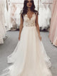 A Line V Neck Sweep Train Wedding Dresses 