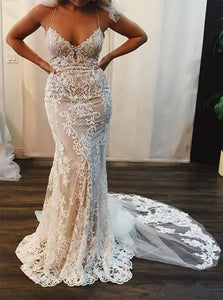 Mermaid Lace Appliques V Neck Ivory Wedding Dresses