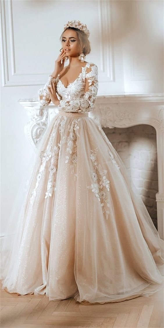 Ball Gown Long Sleeves Lace Floral Wedding Dresses | Alinepromdress Ball Gown Long Sleeves Lace Floral Wedding Dresses | Alinepromdress