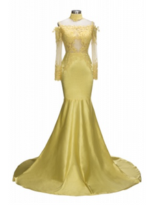 Mermaid Yellow Long Sleeves Appliques Lace Prom Dress LBQZ3188